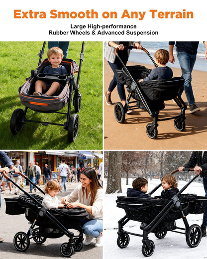 Freetex Wagon Stroller for 2 Kids, Double Seat, All-Terrain with Removable UV-Protection Canopy, Adjustable Push/Pull Handle, Cup Holders & Snack Tray for Baby and Toddler