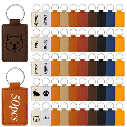 50 Pcs Blank Leather Keychains Bulk, Leather Blanks for Laser Engraving, Rectangular DIY Key Fob Kit with Metal Rings for Stamping Crafts, Personalized Gifts for Men Women