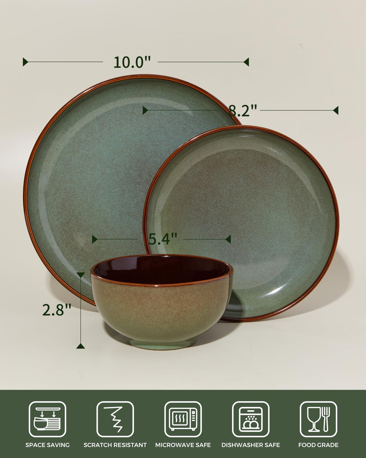 Pokini 36 Piece Stoneware Dinnerware Sets, Ceramic Plates and Bowls Set, Microwave & Dishwasher Safe Kitchen Dish Set, Modern Dinner Salad Plates | Cereal Bowls for 12, Dishware Sets Sage Green