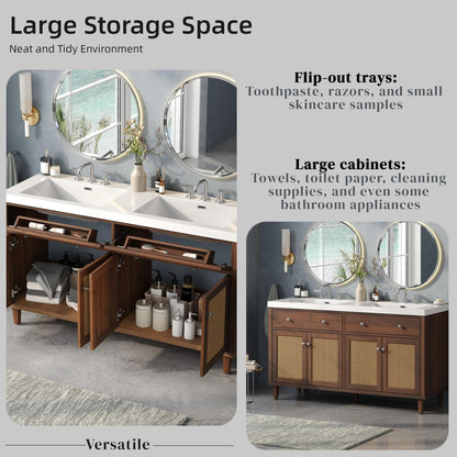 Merax 60 Inch Bathroom Vanity with Double Sink (SMC Sink), Large Storage Space with 2 Tip-Out Trays/Flip-Out Drawers and 4 Soft Closing Doors, Solid Wood Legs and Silver Metal Knobs, Brown