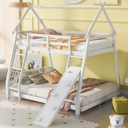Bellemave Bunk Bed Twin Over Queen with Slides and Stairs, House Bunk Bed with Climbing Nets and Climbing Ramp for Kids, Teens, White
