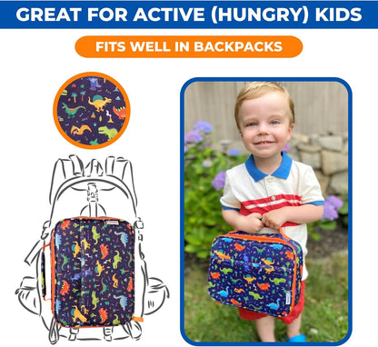 Dinosaur Lunch Box for Boys with Ice Pack, Insulated Bag for Toddlers Kids, BPA Free, Blue Orange Dino