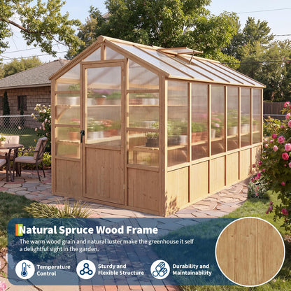 GarveeLife 6'x12' Wooden Greenhouse for Outdoor, Large Walk-in Greenhouse Kit with Ventilated Window, Door & Polycarbonate Panels, Heavy Duty Wood Frame Green House for Patio Garden Backyard