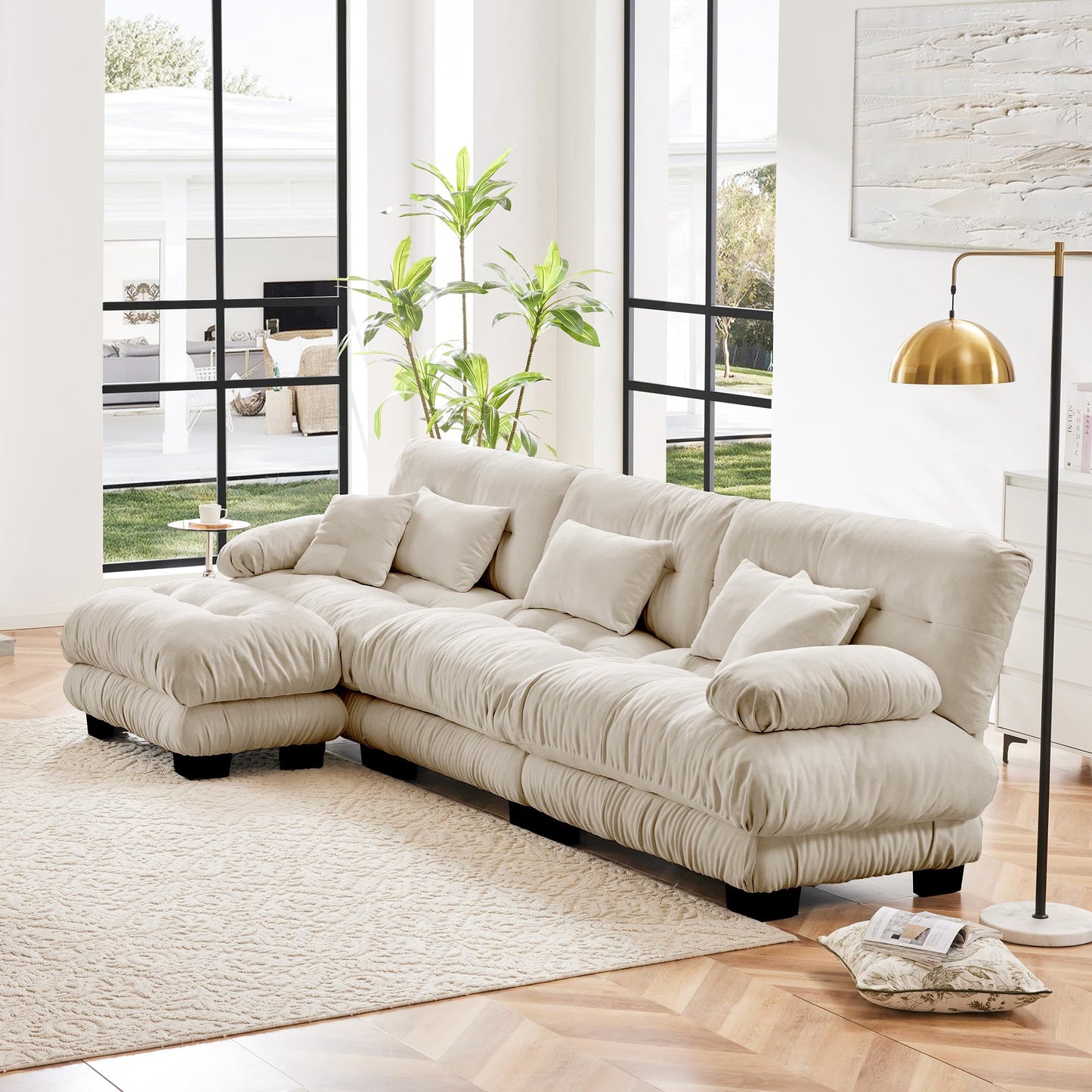 KEIKI 133" Sectional Sofa with Removable Ottoman, 4 Seat L Shaped Sleeper Cloud Couch Set, Comfy Chenille Upholstered Modular SofaBed for Apartment Living Room, Throw Pillows, Light Coffee