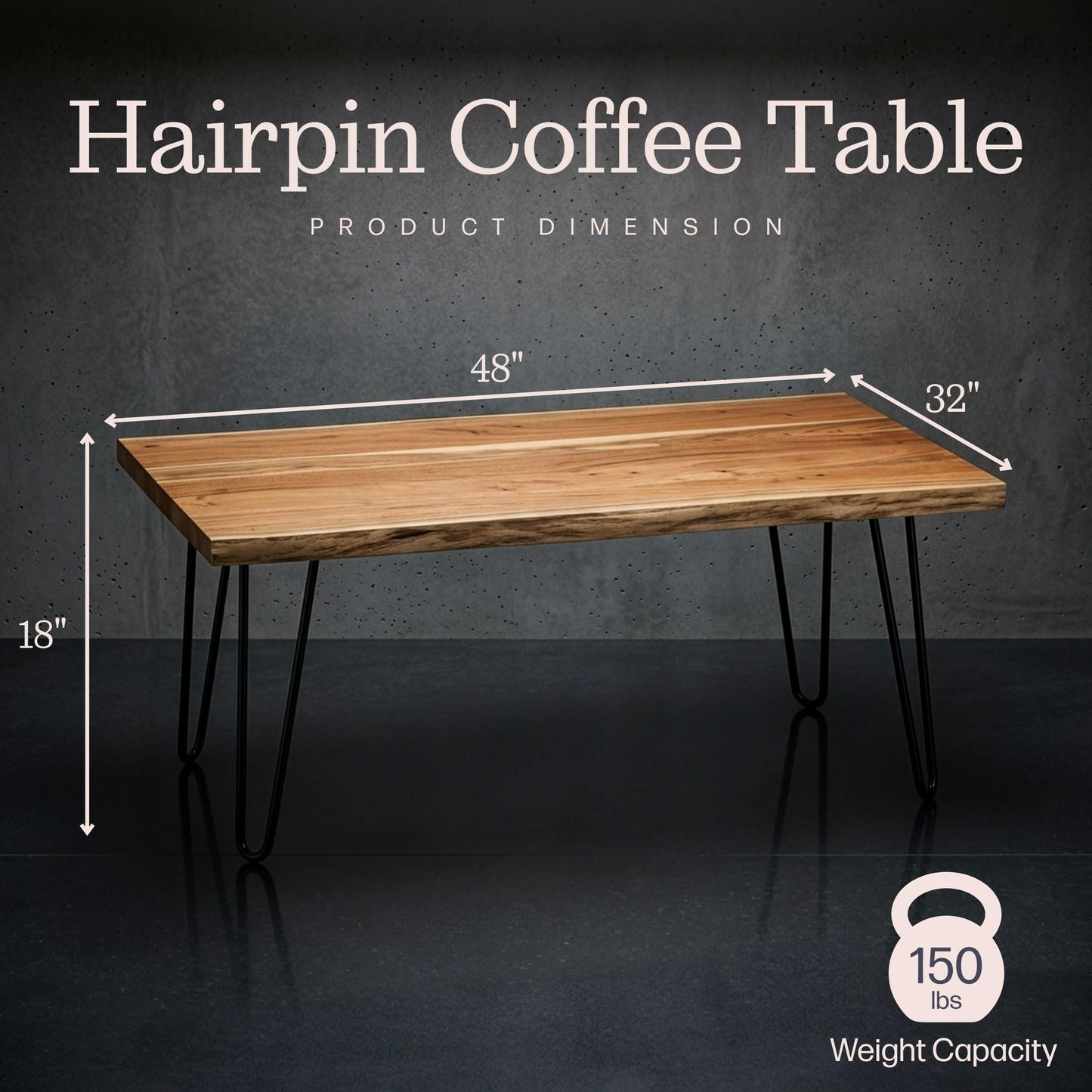 Alaterre Furniture Live Edge Wood Coffee Table with Hairpin Metal Legs – Rustic Modern Farmhouse Living Room Table with Acacia Wood Top (48 Inch)