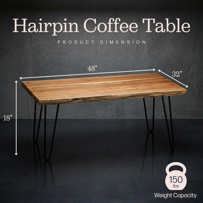 Alaterre Furniture Live Edge Wood Coffee Table with Hairpin Metal Legs – Rustic Modern Farmhouse Living Room Table with Acacia Wood Top (48 Inch)