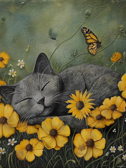 HMDIIMGE Grey Cat Sleeping on Yellow Flowers DIY 5D Diamond Paint Kits for Adults Round Full Drill Diamond Art Painting Easy for Beginner Gems Cross Stitch Mosaic Craft for Home Decor 12x16 inch