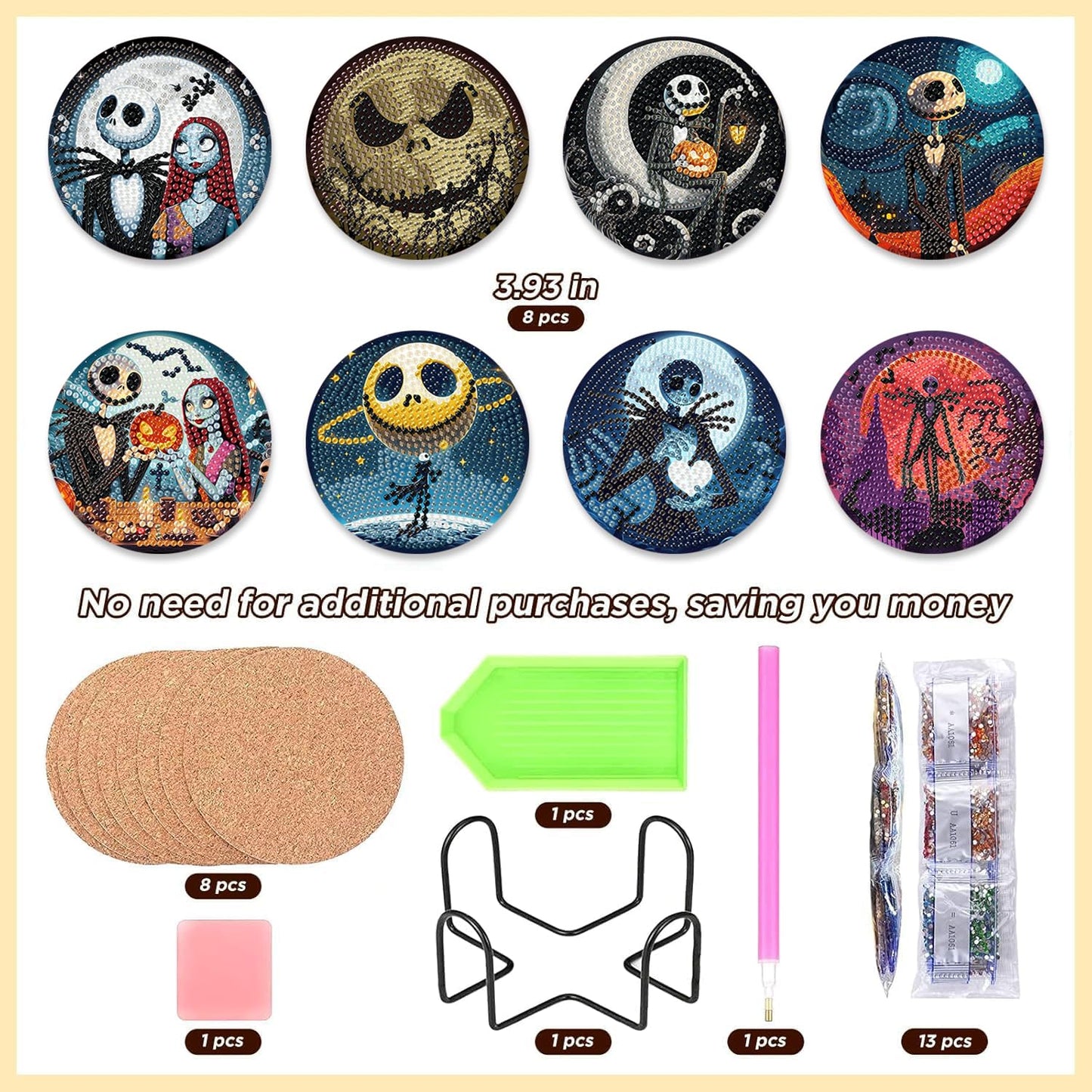 8 Pcs Halloween Diamond Painting Coasters Kits for Adults Beginners, DIY Horror Skull Diamond Art Coasters with Holder, Full Drill Rhinestone Painting Coaster Kits for Supplies Gifts 4X4 Inch.
