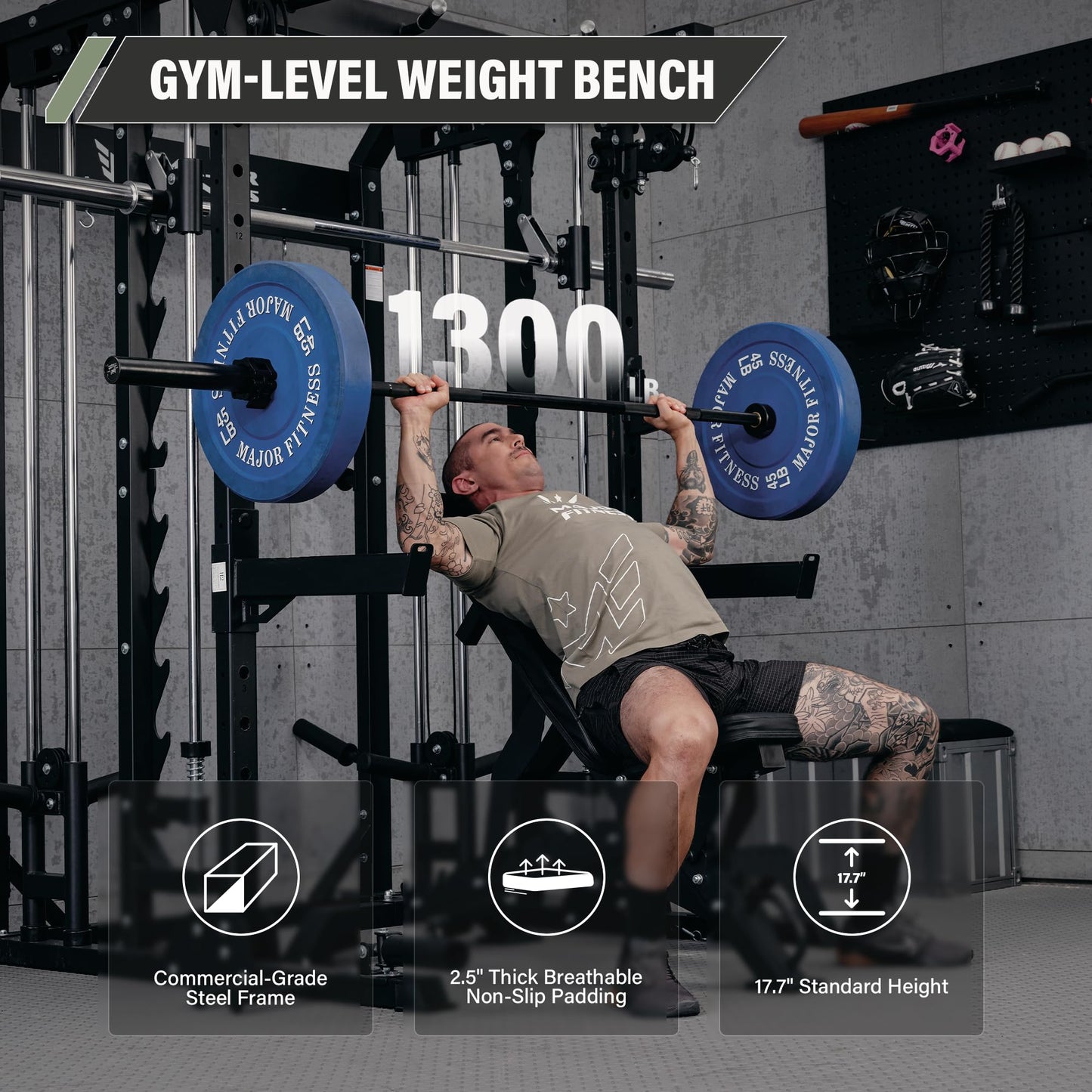 MAJOR FITNESS Adjustable Weight Bench (Elite Version) - 1300LBS Capacity, 32 Positions for Strength Training, Bench Press, and Full-Body Workouts for Home or Garage Gym, Black