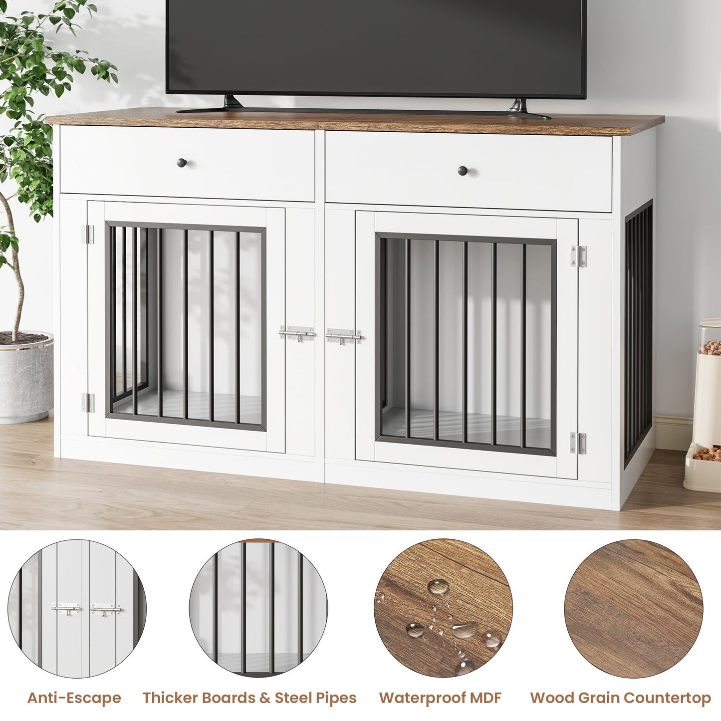 Dog Crate Furniture for 2 Dogs, 60" Farmhouse Dog Kennel Furniture with 2 Large Drawers, Indoor Dog Cage & TV Stand, Wooden Double Dog Crates for Small Medium Dogs, White