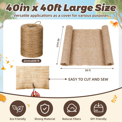 Tegeme 40 Inch x 80 ft Burlap Fabrics Roll with 600 ft Natural Jute Twine Rope Burlap Tree Wraps Protector Winter Frost Plant Blankets Cloth Weed Barrier for Outdoor Garden DIY Craft Party