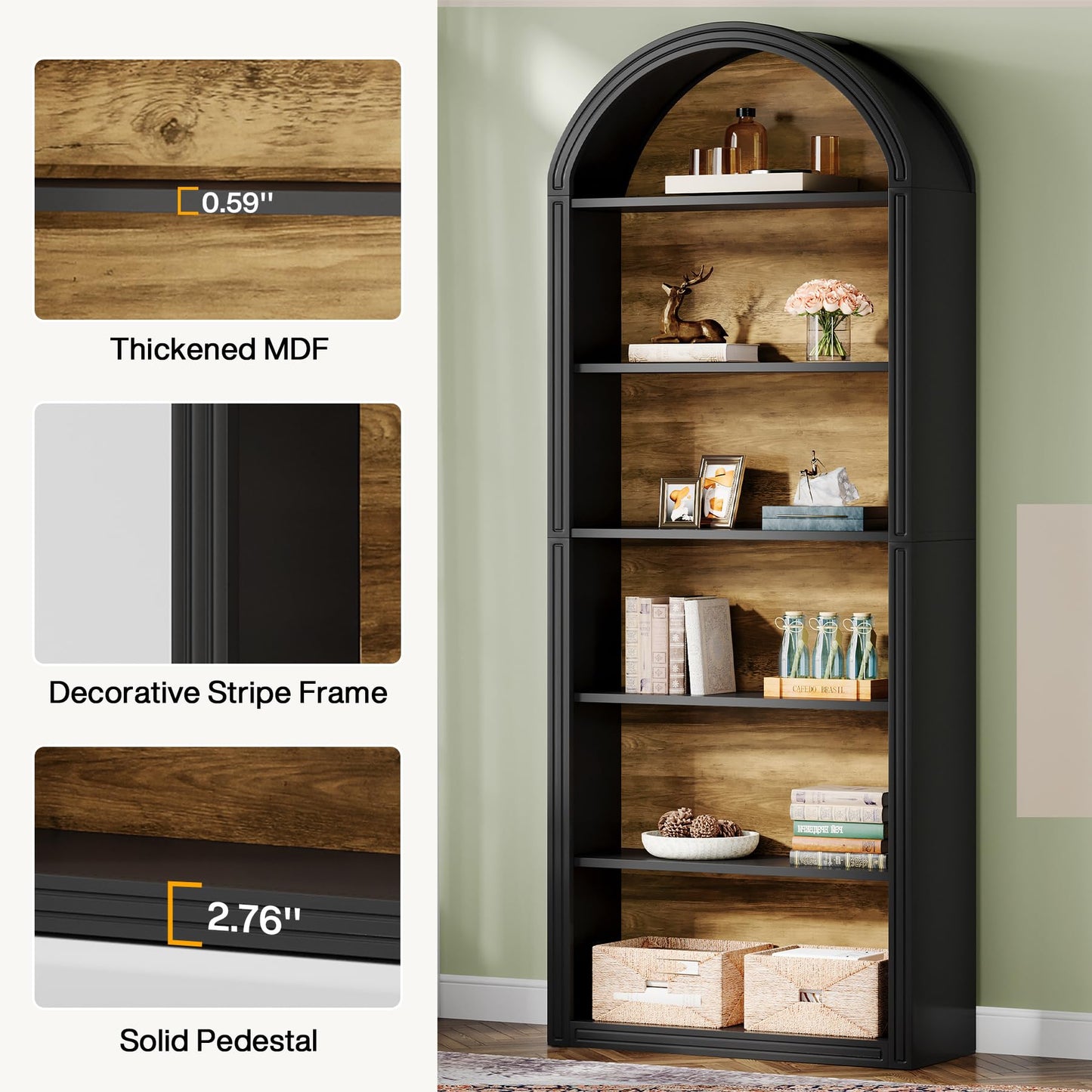 Tribesigns 6-Tier Black Arched Bookshelf, 77.16" Tall Arched Bookcase with Storage Shelves, Floor Standing Open Display Shelving Unit for Living Room, Bedroom, Home Office