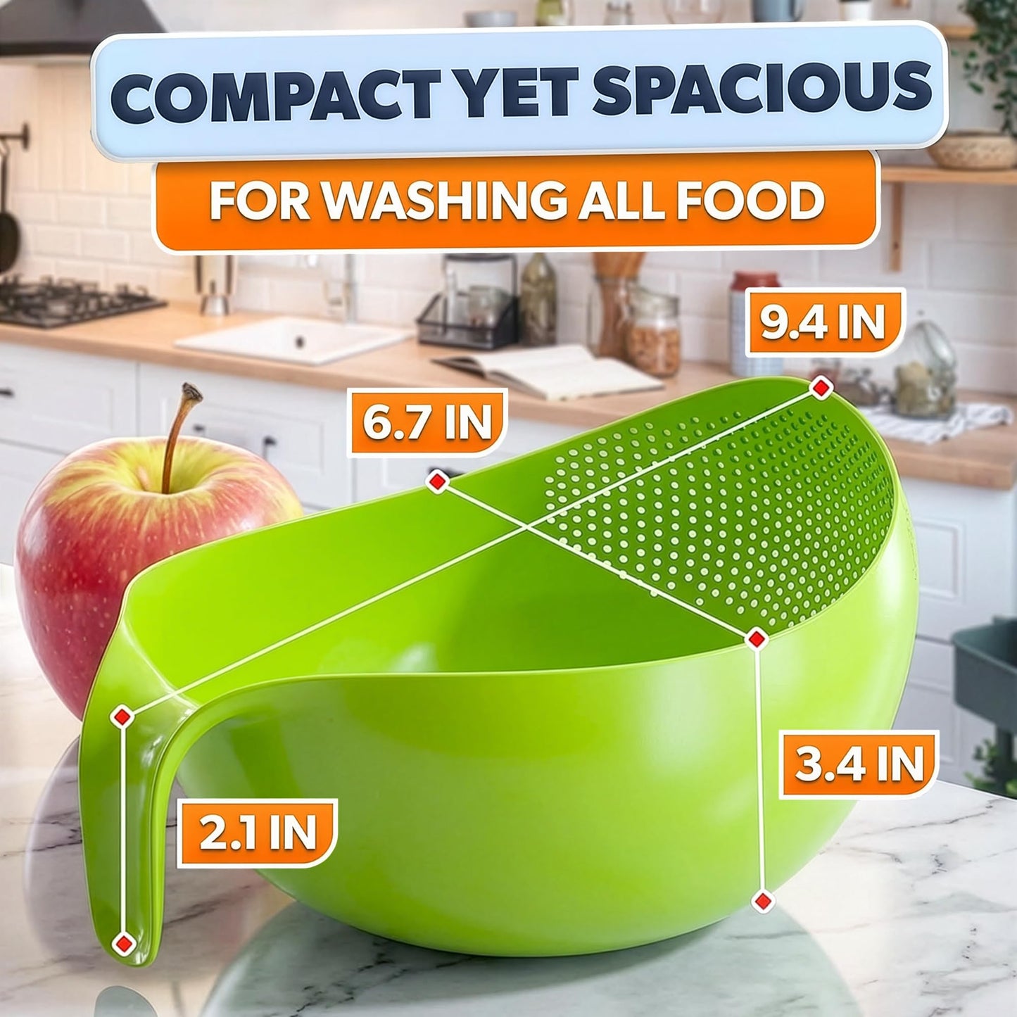 Rice Strainer with Handle - Lightweight Rice Washer Strainer Bowl with Smart Design for Easy Water Draining, Easy to Use & Clean ABS Plastic Colander with Handle for Cereals, Pasta, Vegetables, Fruits