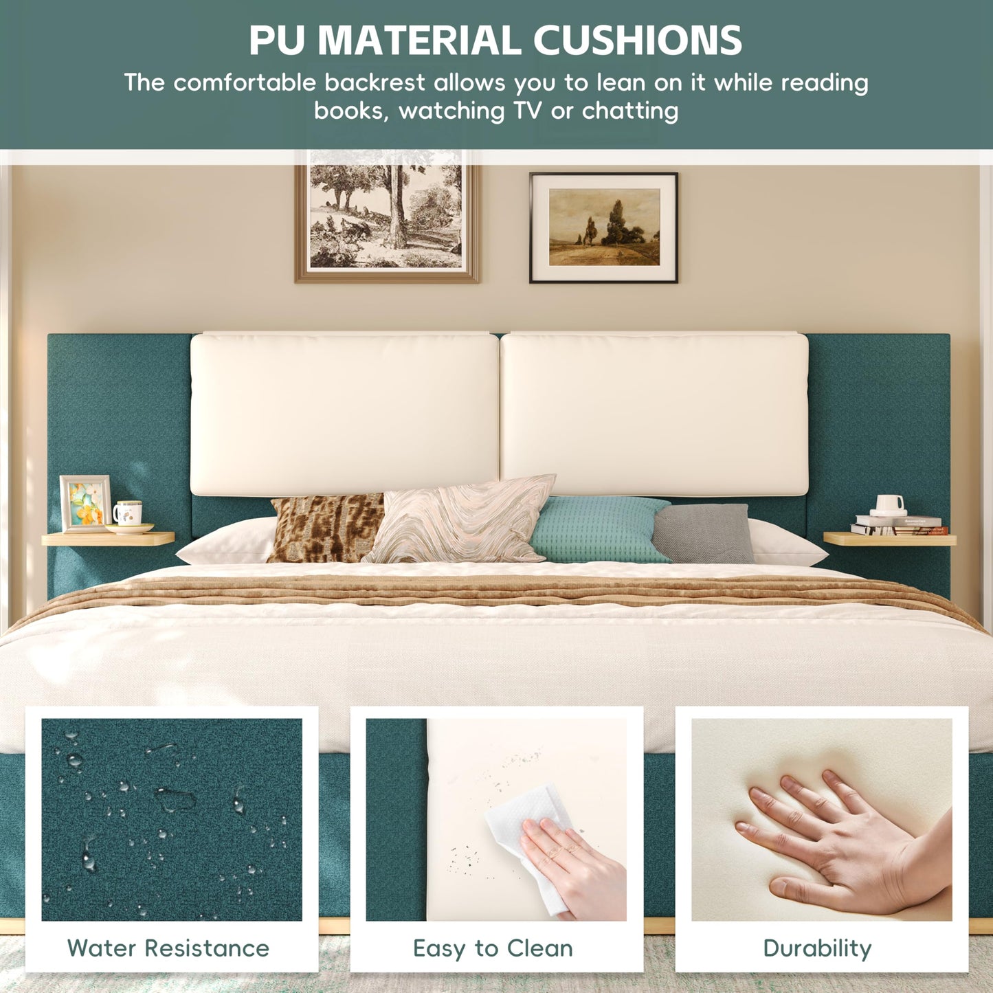 Merax Queen Size Upholstered Platform Bed Frame with Large PU Leather Headboard and Bothside Shelves, Modern Bedroom Furniture & Solid Wood Slats Support, No Box Spring Needed, Easy Assembly, Green