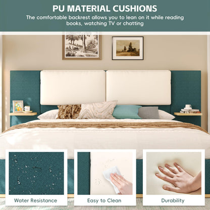 Merax Queen Size Upholstered Platform Bed Frame with Large PU Leather Headboard and Bothside Shelves, Modern Bedroom Furniture & Solid Wood Slats Support, No Box Spring Needed, Easy Assembly, Green