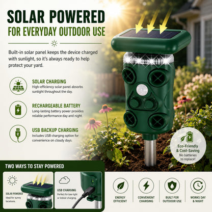 Solar Ultrasonic Deer Repellent Device – Animal & Raccoon Repellent Outdoor with Motion Sensor Flashing LED, IP54 Waterproof Wildlife Deterrent, 13.5–45.5KHz Dual Chip Pest Repeller 4PK