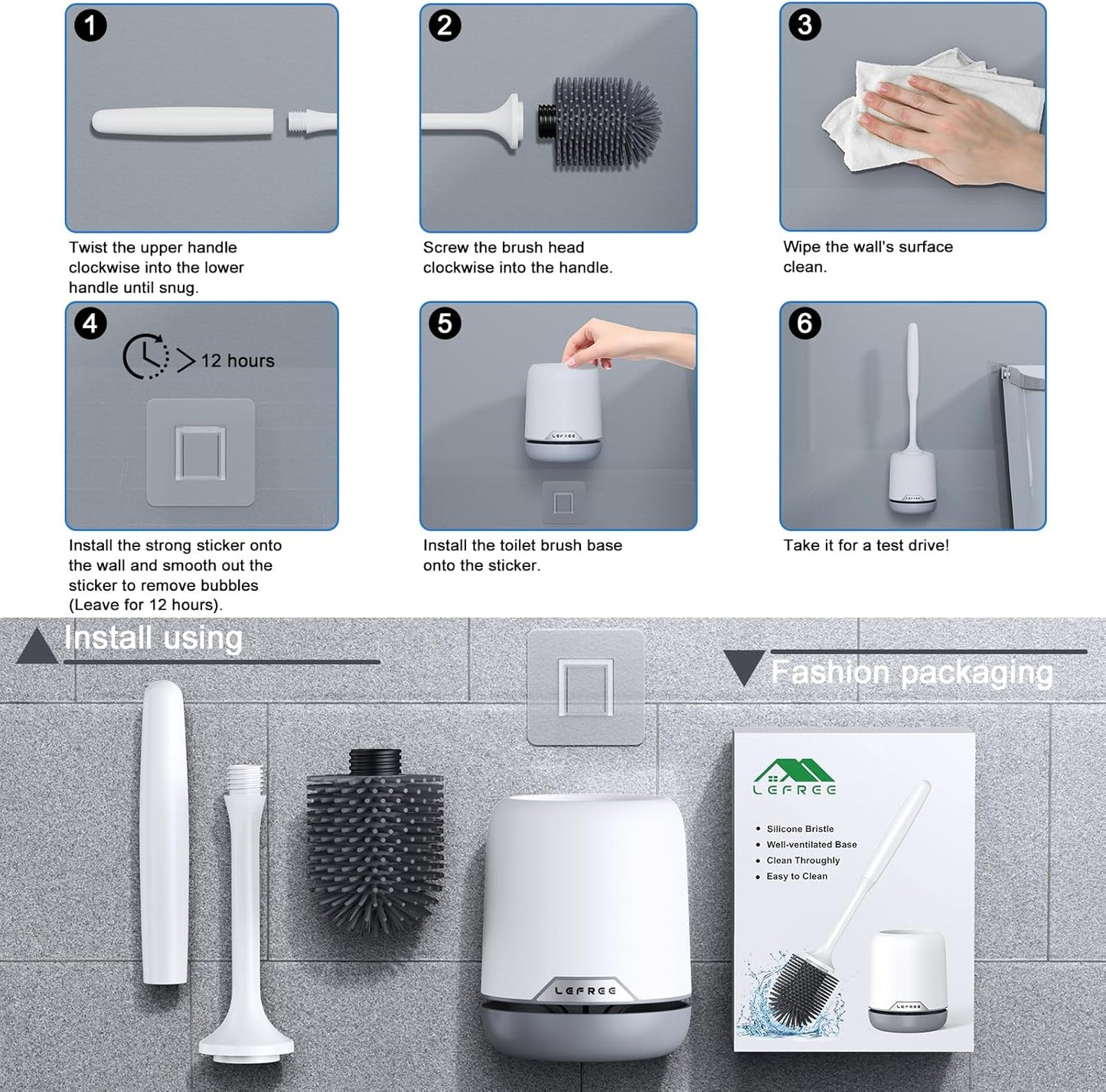 Lefree Silicone Toilet Brush and Holder, Bathroom Cleaner Brush Set, Non-Slip Handle with TPR Soft Bristle