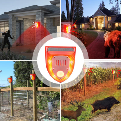 QXMH Solar Outdoor Motion Sensor Alarm: 129db Dog Barking & Gunshot Sound,Loud Motion Detector Noise Maker,Barking Dog Alarm Strobe Light Warning Lamp for Home Yard Barn