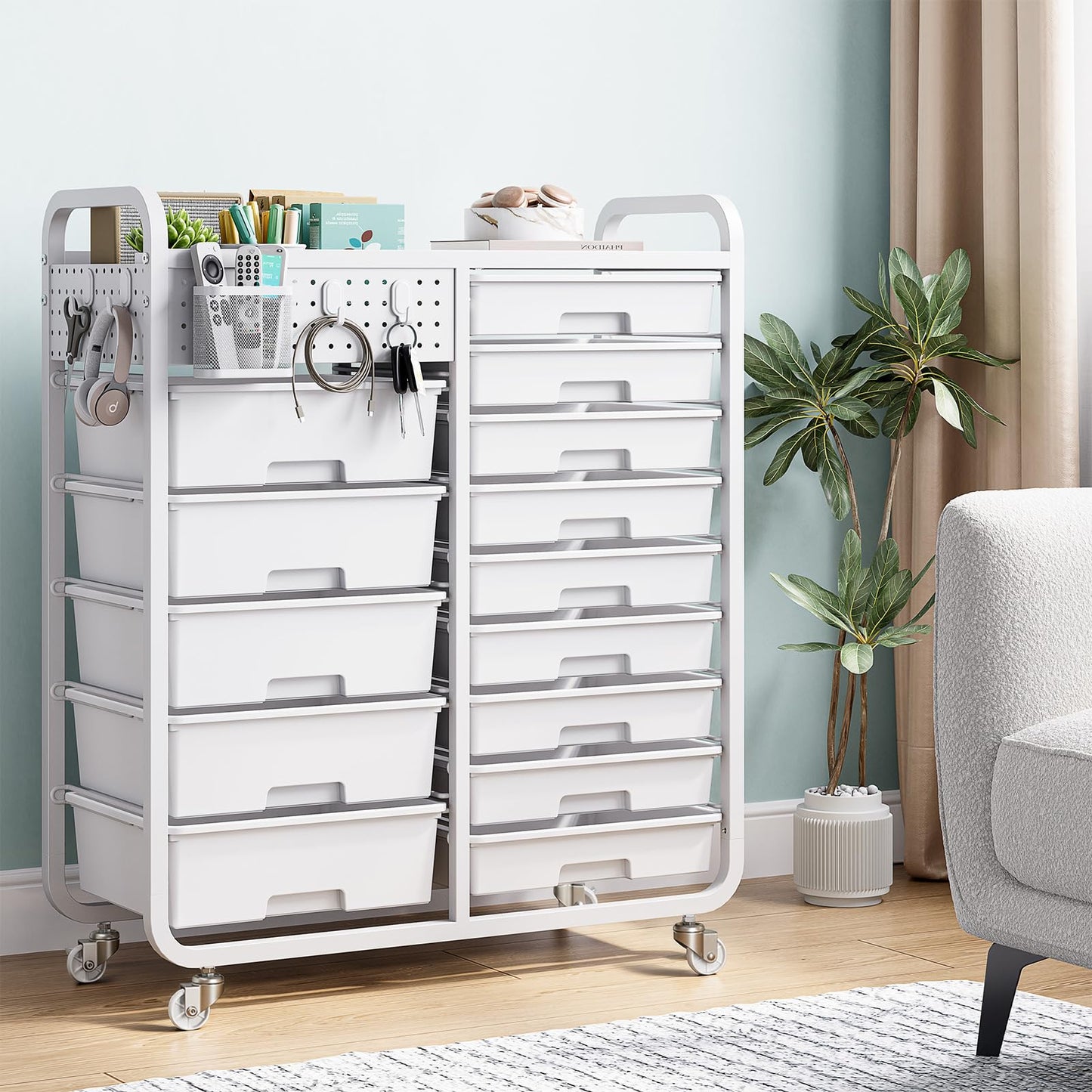 14-Drawers Rolling Storage Cart with Tabletop & Pegboard, Multi-Purpose Utility Organizer Cart for Home, Classroom, Office, Dorm & Bedroom