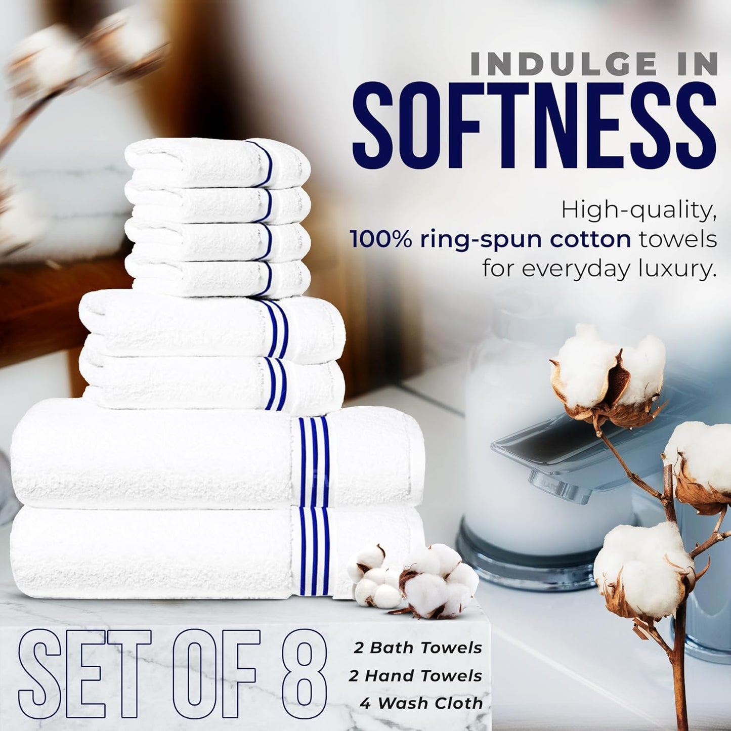 8-Piece Set, 2 2 4 100% Premium Towel Bath Towels, Hand Towels, and Wash Cloths, Ring Spun Cotton Highly Absorbent