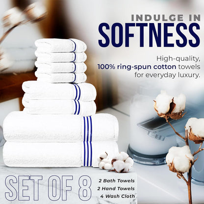 8-Piece Set, 2 2 4 100% Premium Towel Bath Towels, Hand Towels, and Wash Cloths, Ring Spun Cotton Highly Absorbent