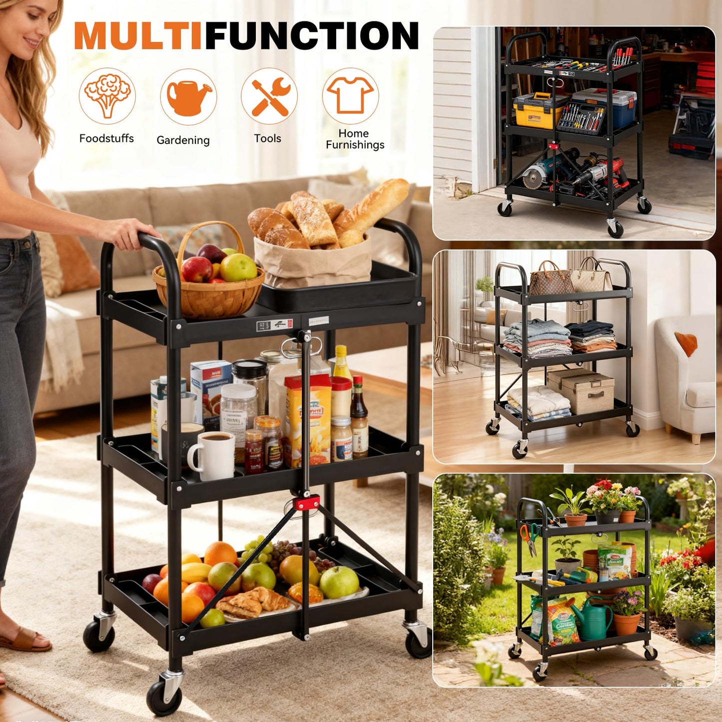DUMOS 3-Tier Folding Utility Cart Set of 2, Collapsible Service Cart with 4 Swivel Wheels and Brakes, 120LBS Capacity & Collapsible Storage Rolling Cart for Kitchen, Office, Garden, Garage, Pure Black