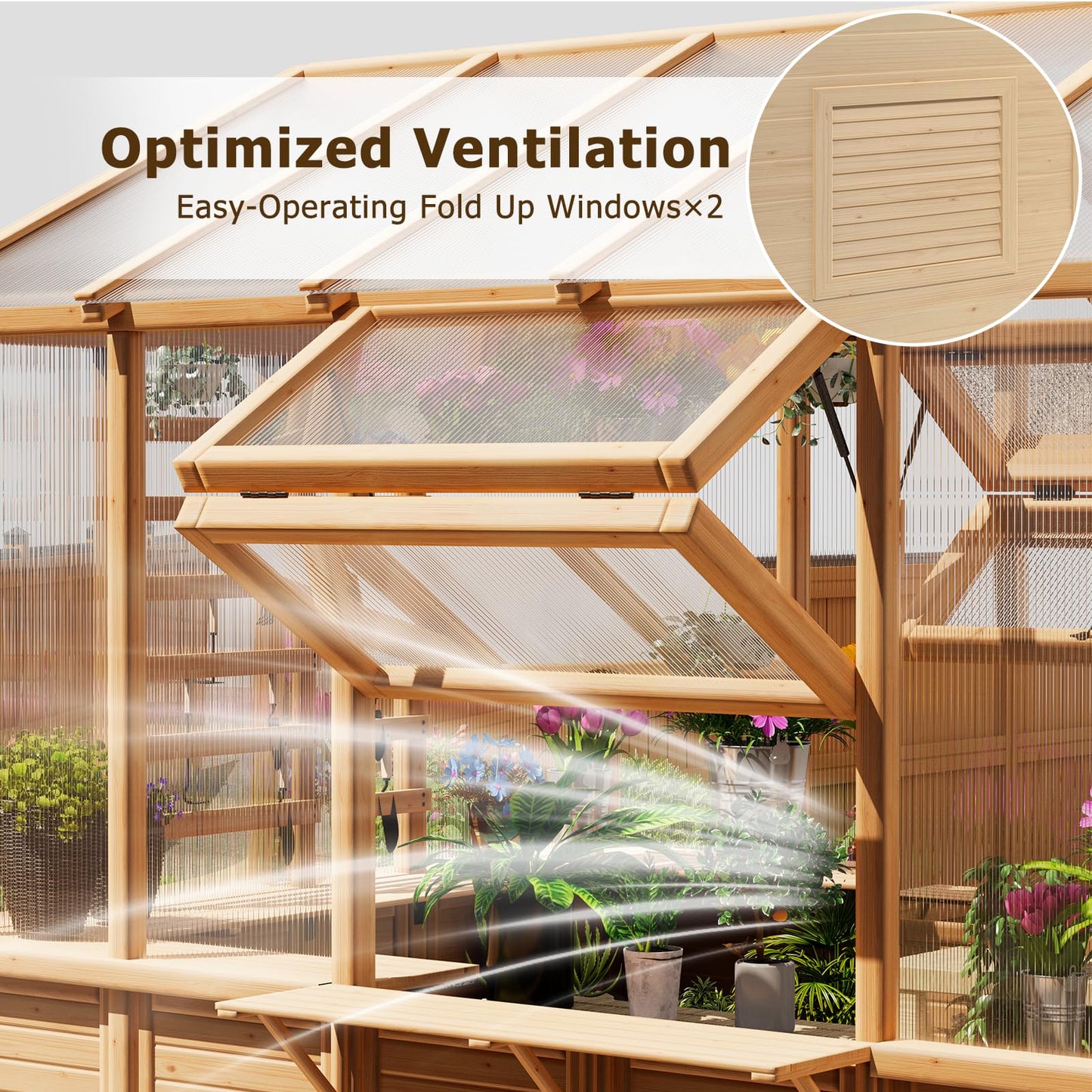 EROMMY 7x16 FT Spruce Wood Greenhouse with Pergola, Large Walk-in Polycarbonate Greenhouse Kit with Top-Hung Windows, Built-in Workstation and Staging Shelves for Backyard Garden