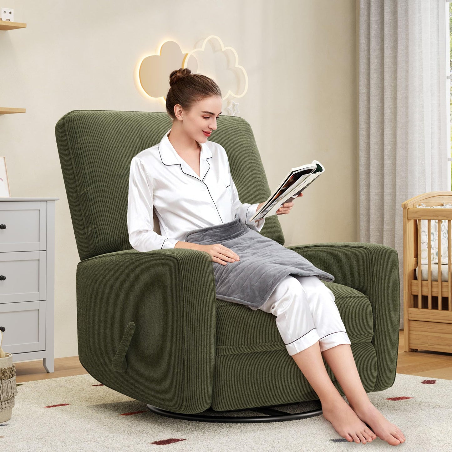 IDEALHOUSE Recliner Chair, 360° Swivel Rocking Glider Chair for Adults with Adjustable Backrest & Footrest, Cozy Corduroy Upholstered Armchair for Living Rooms, Bedrooms, Apartments, Green
