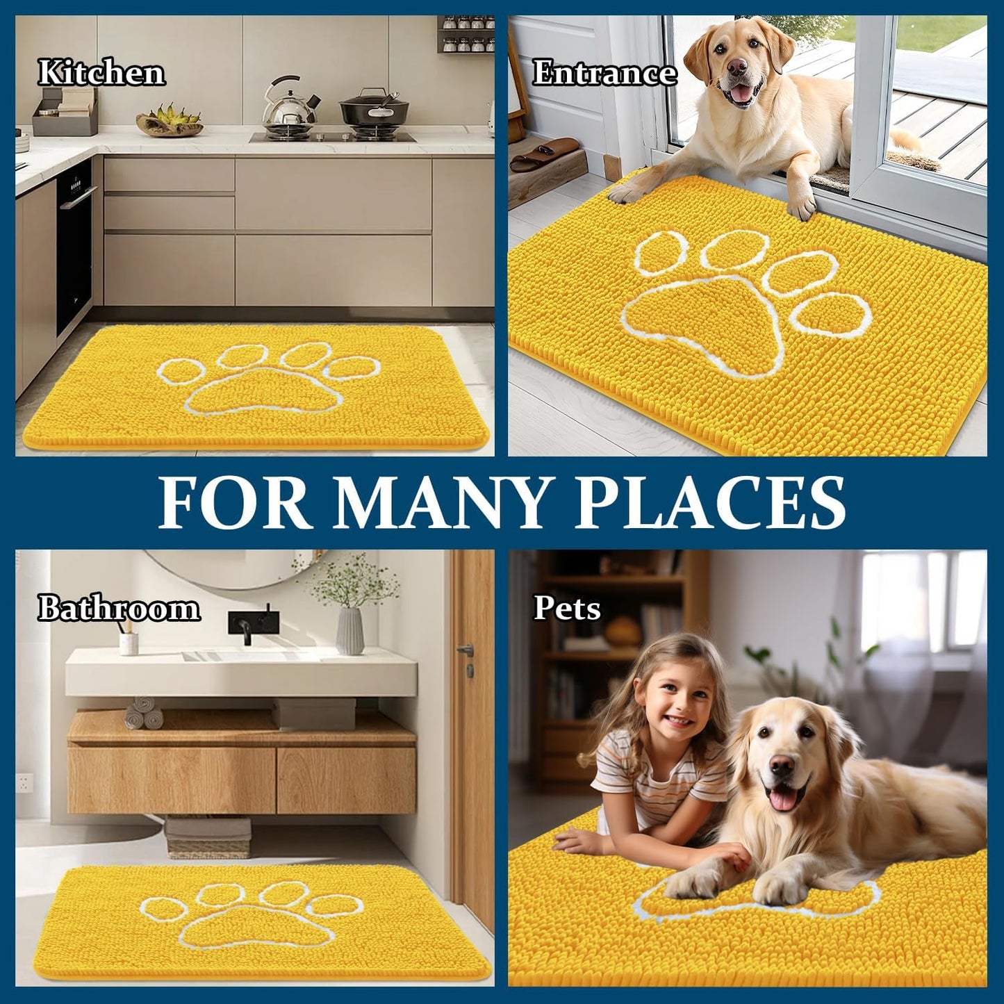 OLANLY Dog Door Mat - Absorbent Non-Slip Mud Mat for Muddy Paws | 48x30, Paw Print Design, Quick Dry Yellow