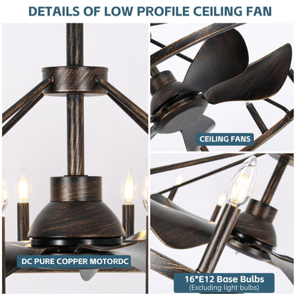 COCOSTAR 44" Antique Bronze Wagon Wheel Chandelier Farmhouse Ceiling Fan with Light and Remote,16-Lights Large Fandelier with Candle,Rustic Big Light Fixture for Living Room Kichen Dining Room