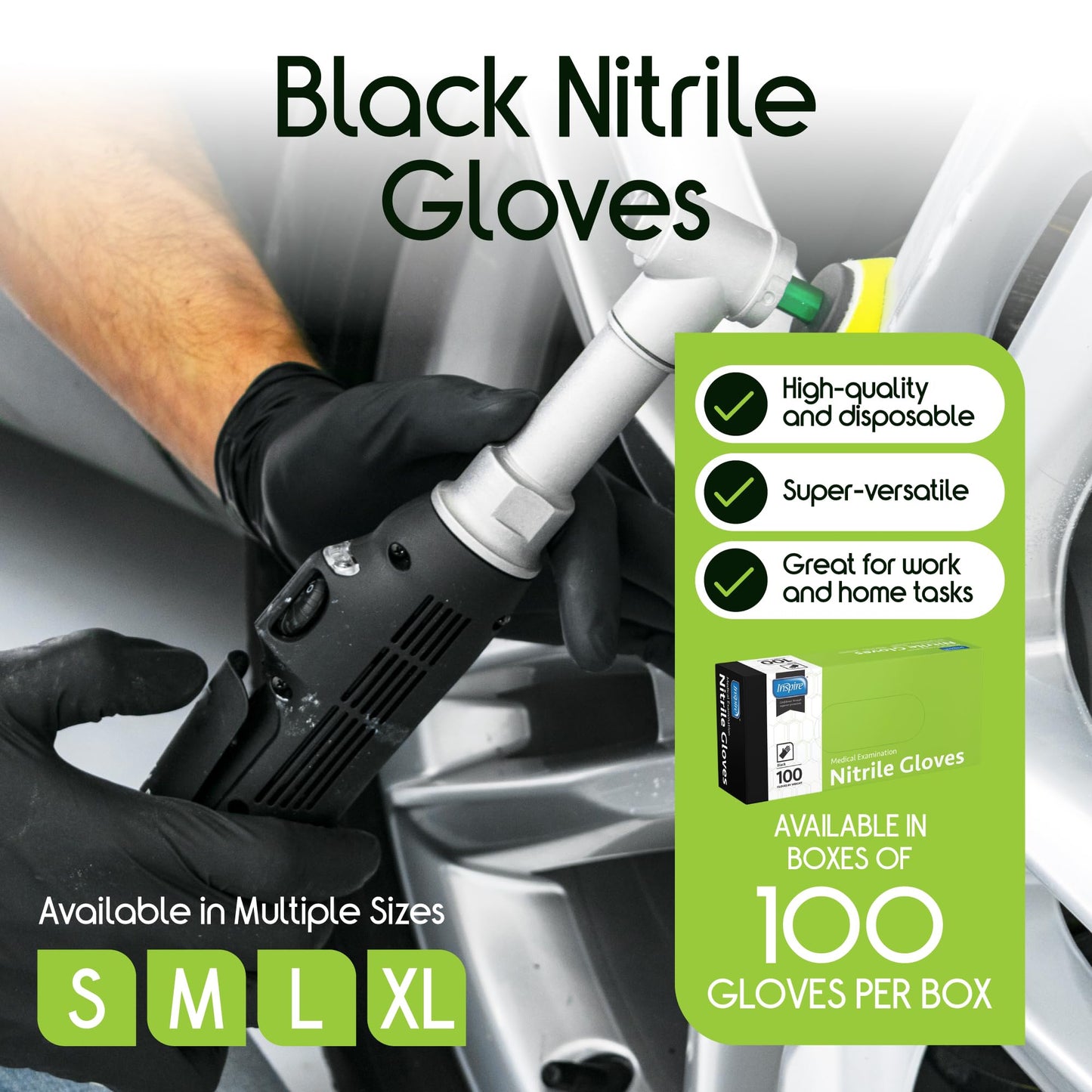 Inspire Black Nitrile Disposable Gloves | 4.5 Nitrile Disposable Safety Medical Cleaning Gloves (Black - Box Of 100, Large)