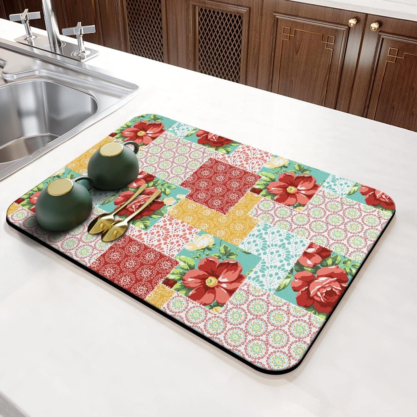 Coffee Bar Mat Accessories for Countertop, Absorbent Rubber Backed Dish Drying Mats for Kitchen, 24x16in