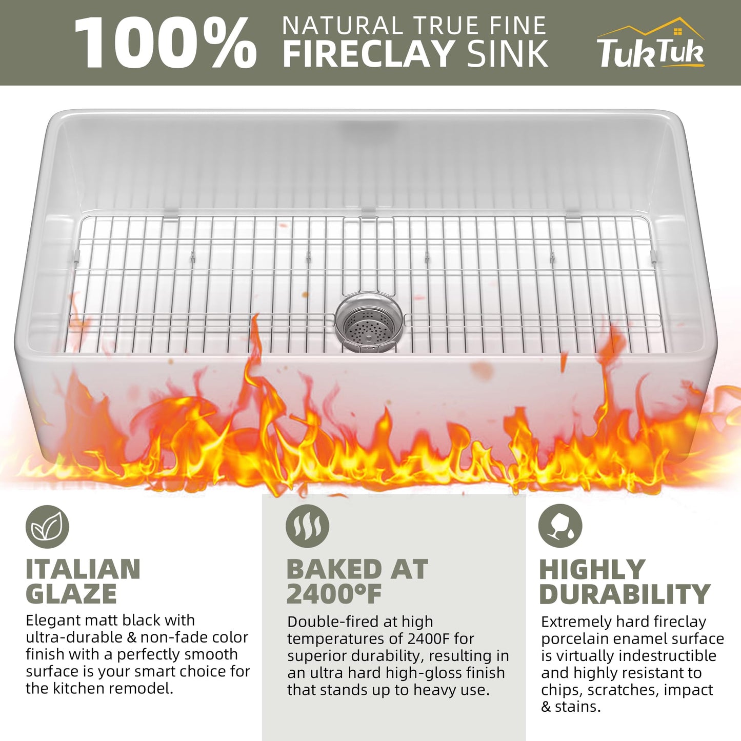 TUKTUK White Farmhouse Sink 30X20 inch Fireclay Farm Sink Apron Undermount Kitchen Sink Single Bowl Extra Wide Large Capacity Drop-in Modern Kitchen Sink with Luxury Bottom Grid & Strainer