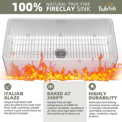 TUKTUK White Farmhouse Sink 30X20 inch Fireclay Farm Sink Apron Undermount Kitchen Sink Single Bowl Extra Wide Large Capacity Drop-in Modern Kitchen Sink with Luxury Bottom Grid & Strainer