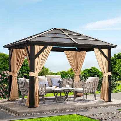 10' x 12' Hardtop Gazebo, Permanent Outdoor Pavilion with Single-Tier Hardtop Roof, Thickened Mosquito Netting, Double Track & Double Zipper Design for Patio, Lawn, Garden, Brown