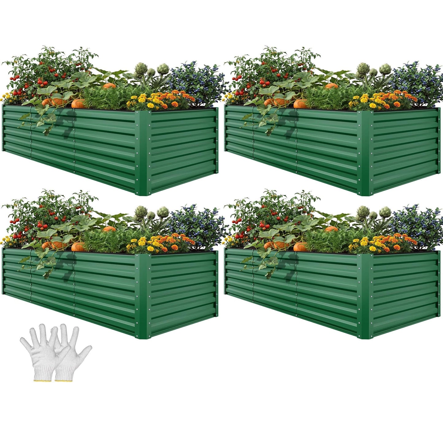YITAHOME 4pcs 8x4x2 ft Galvanized Raised Garden Bed Kit, Large Metal Planter Box with Gloves, Safety Rubber & Support Rod, Outdoor Flower Bed for Plants Vegetables, Green