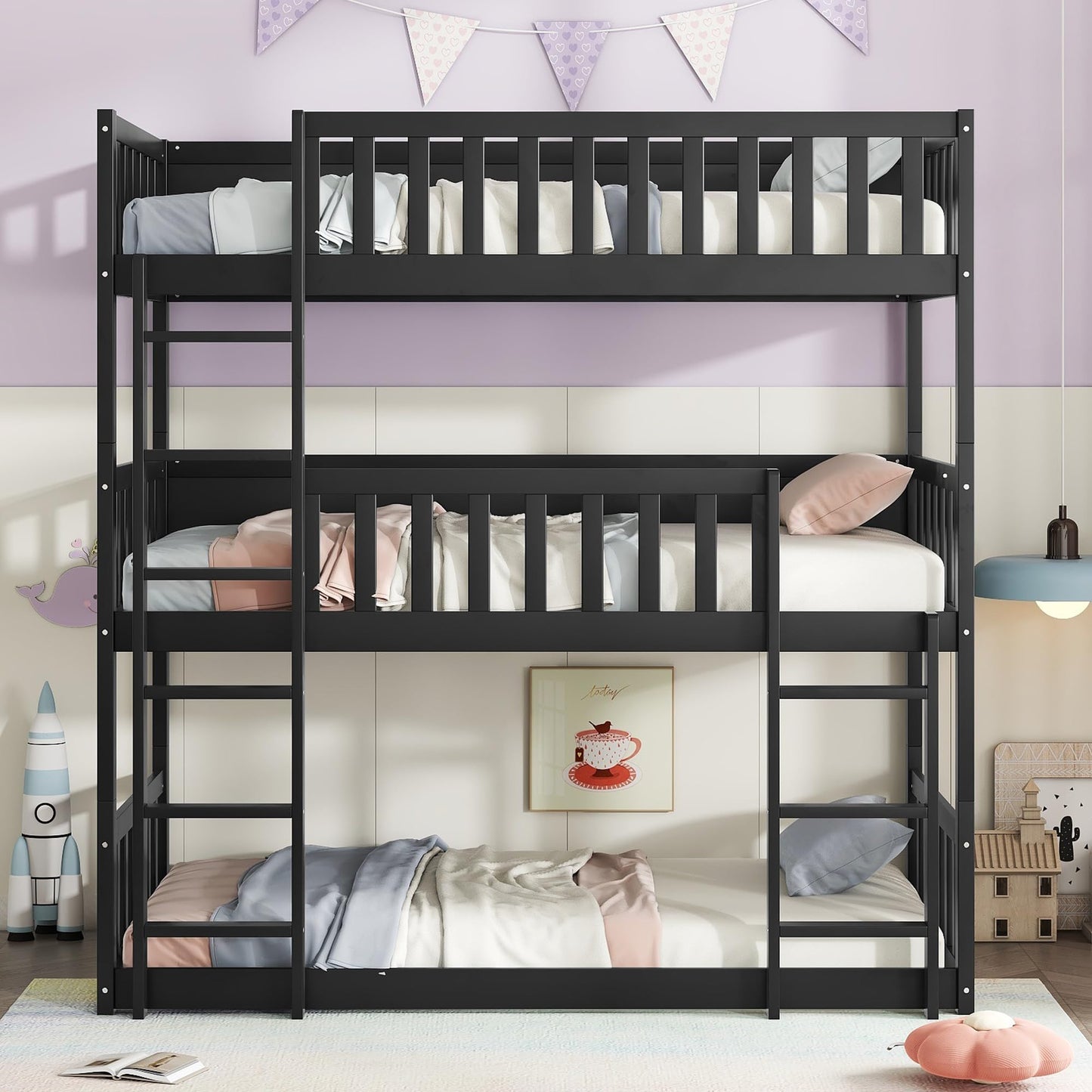 Solid Wood Triple Bunk Bed for 3 Kids, 3 Bed Bunk Beds with Two Built-in Ladders,Twin Over Twin Over Twin Triple Bunk Bed,Detachable Triple Bunk Beds Twin Size,Black