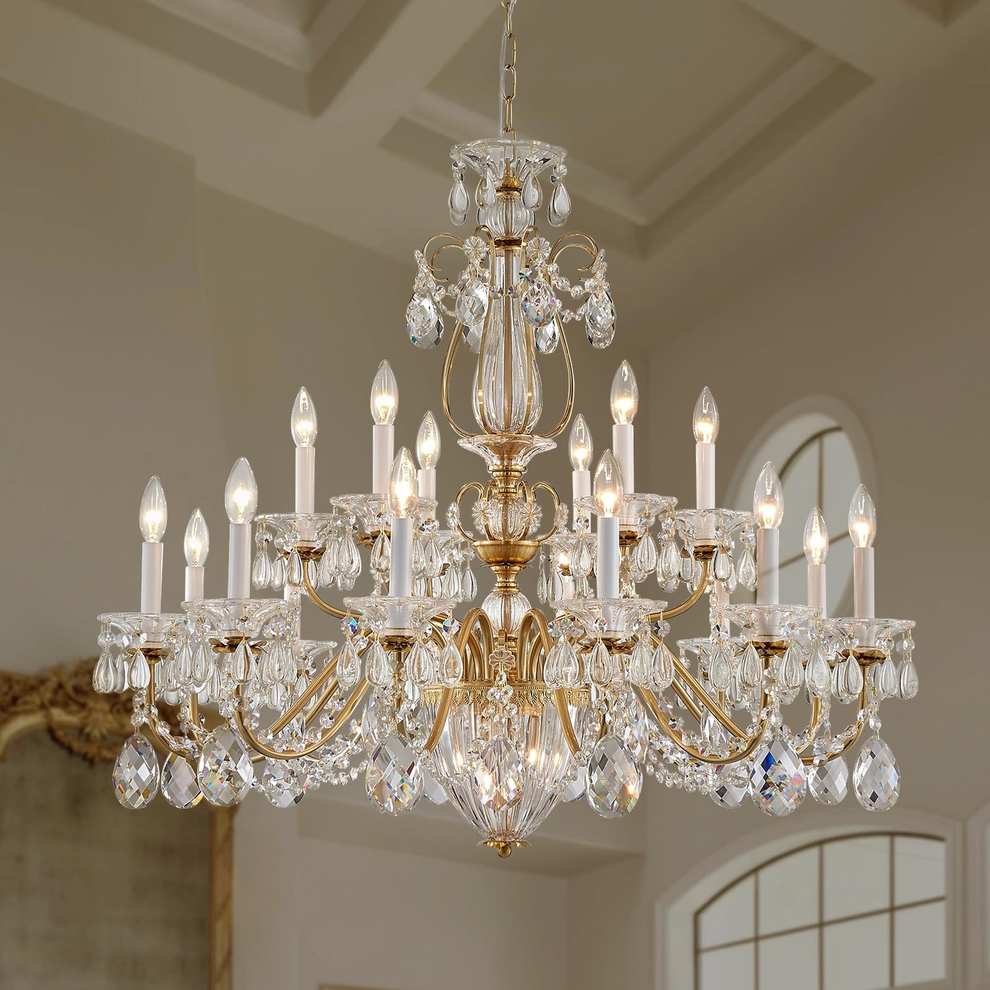 SHEKAITAO Vintage 2 Layers Crystal Chandelier for High Ceilings, 18-Light Brass Chandelier, Pendant Ceiling Light Fixture for Living Room Hallway Lobby Foyer Entrance Hotel Banquet Hall, Dia 37"
