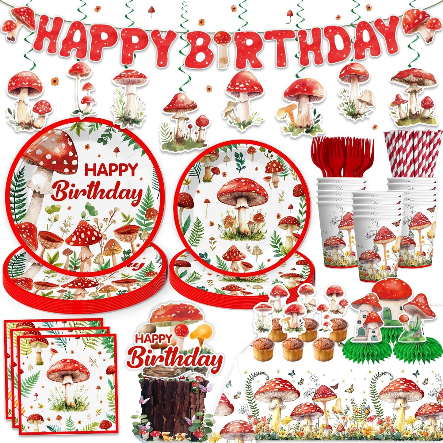 185Pcs Set, 25 cocomigo Mushroom Birthday Decorations Tableware Mushroom Birthday Decorations with Plates Napkins Cups