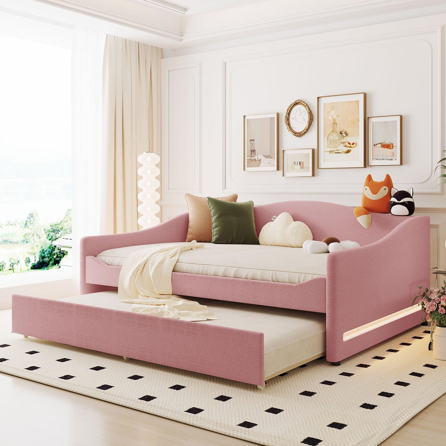 Acosure Teddy Fleece Full Size Upholstered Daybed with LED Light and Trundle,Modern Wood Platform Bed W/Side Stripes,Easy Assembly,for Bedroom,Living Room,Guestroom,Beige