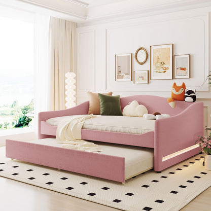 Full Size Upholstered Daybed with Trundle,Teddy Fleece Full Daybed Frame,Full Day Bed with LED Light,Tufted Sofa Bed Daybed for Bedroom,Living Room,Guest,Pink