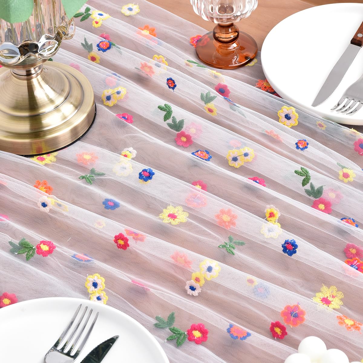 Joanlody 6pcs Ivory Summer Flower Table Runner 10ft Embroidery Daisy Floral Seasonal Tulle Table Runner for Home Garden Tea Party Holiday Birthday Decoration