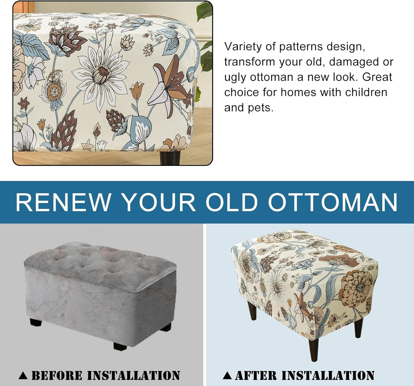 Bottom(06, KRFOONN Ottoman Slipcovers Stretch Rectangle Footrest Stool Covers Printed Ottoman Cover for Foot Stool