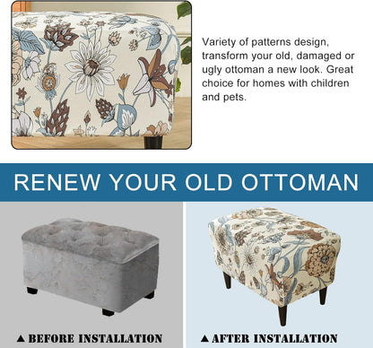 Bottom(06, KRFOONN Ottoman Slipcovers Stretch Rectangle Footrest Stool Covers Printed Ottoman Cover for Foot Stool