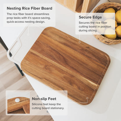 KitchenEdge Premium Acacia Cutting Board with Nesting Rice Fiber Chopping Board for Cooking Prep, 2 Piece Kitchen Set, Non-Slip Feet with Juice Groove, Heavy Duty, Pre Oiled, 17” x 12.5”