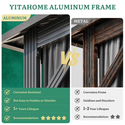 YITAHOME 10X12FT Single Hardtop Metal Gazebo Top Outdoor Patio Canopy Galvanized Iron Aluminum Column Garden Tent Curtains Netting for Backyards Decks Lawns,Gray