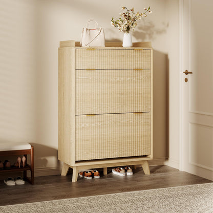 IDEALHOUSE 48" Tall Freestanding Fluted Shoe Storage Cabinet with 2 Flip Drawers, Hidden Narrow Shoe Rack Organizer Cabinet Storage for Entryway Living Room