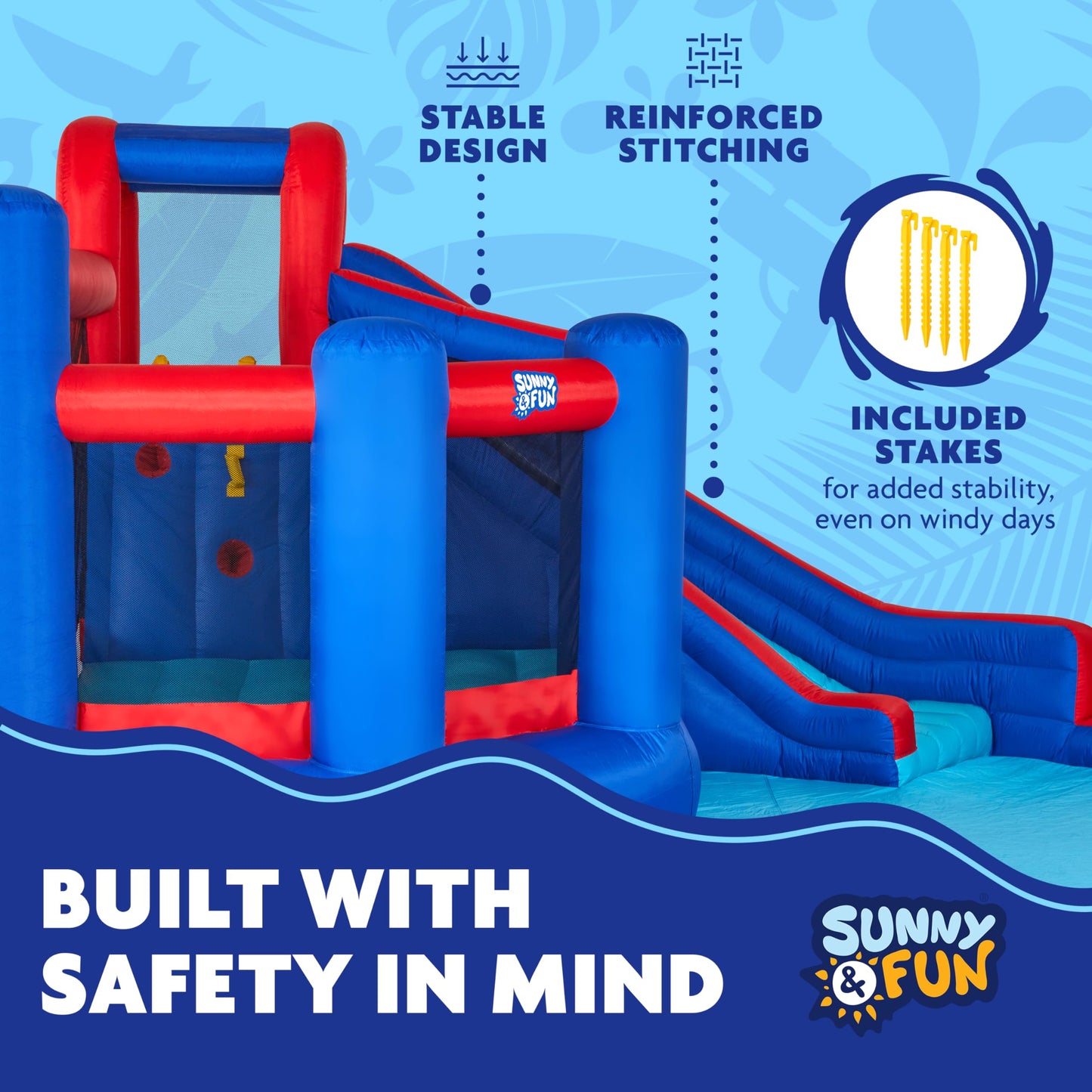 Sunny & Fun Big Time Bounce-A-Round Inflatable Water Slide Park – Heavy-Duty for Outdoor Fun - Climbing Wall, Slide, Bounce House & Splash Pool – Easy Set Up with Included Air Pump & Carrying Case