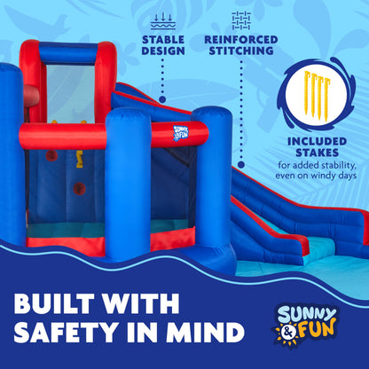 Sunny & Fun Big Time Bounce-A-Round Inflatable Water Slide Park – Heavy-Duty for Outdoor Fun - Climbing Wall, Slide, Bounce House & Splash Pool – Easy Set Up with Included Air Pump & Carrying Case