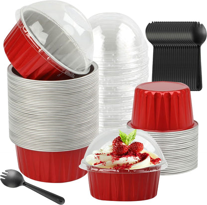 BAKINGPAK 50PCS Mini Aluminum Pans with Lids, 4OZ Baking Cups, Disposable Ramekins, Red Mini Cake Pans for Birthday